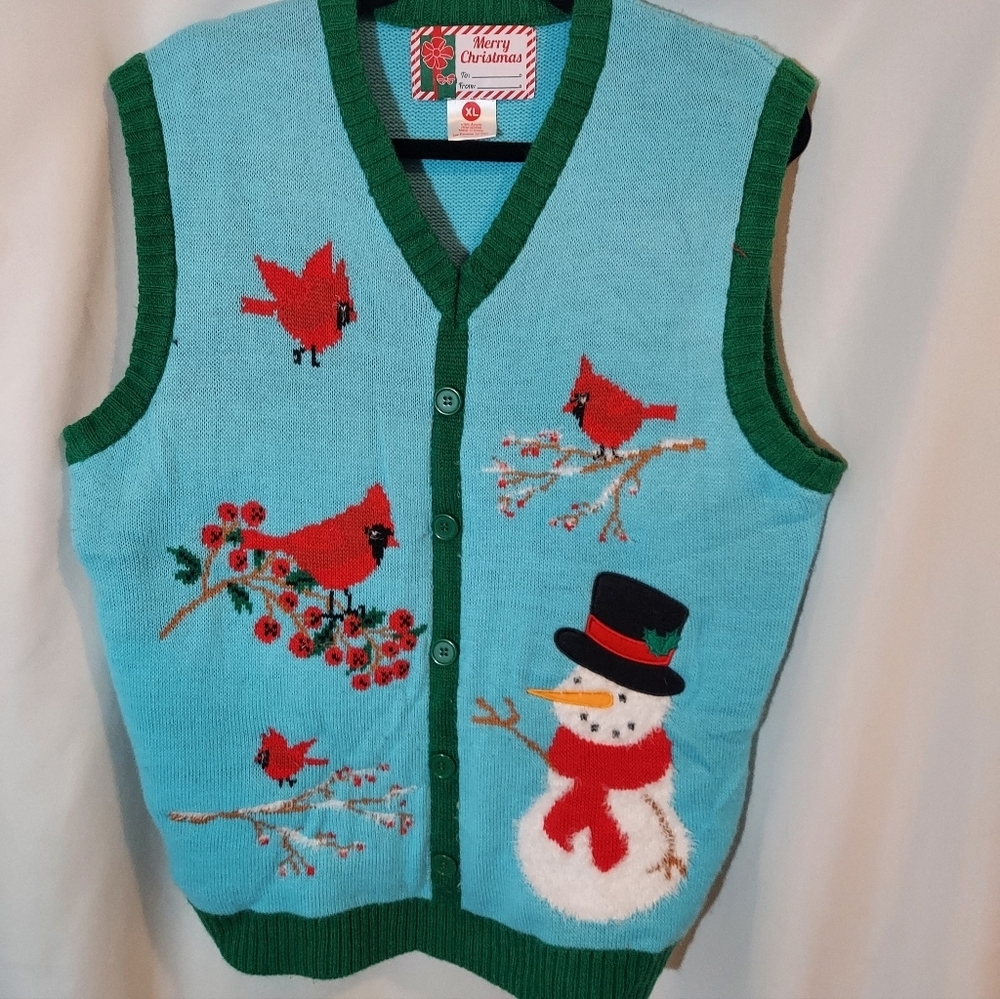 Merry Christmas Sweater Vest With Embroidered Cardinals & Snowman #christmas